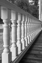 Wooden walkout deck with white railings outdoor in a beautiful garden. Wooden deck of a house with white railings Royalty Free Stock Photo