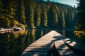 Wooden walkway along clear mountain lake and evergreen trees