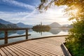 Wooden walkway around the popular Lake Bled in Slovenia Royalty Free Stock Photo