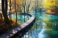 Wooden walkway in the autumn forest with reflection in the lake