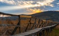 Sunrise wooden walkway dried up swamp