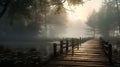 A wooden walkway extending into a misty lake.