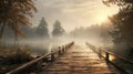 A wooden walkway extending into a misty lake,