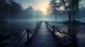 A wooden walkway extending into a misty lake.