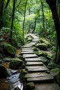 Wooden walkway in the green forest, beautiful photo digital picture, Generative AI