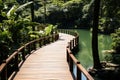 a wooden walkway leads to a pond surrounded by lush green trees