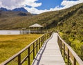 Wooden walkway in Limpiopungo Lagoon, Cotopaxi National Park, Ecuador Royalty Free Stock Photo