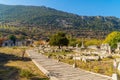Wooden walkway near the ancient stones and ruins in Ephesus Archaeological Park