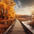 A wooden walkway over water with trees and yellow leaves