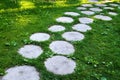 Wooden walkway, path of tree stumps on green grass in park Royalty Free Stock Photo