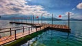 Wooden Walkway Pier with Red Lantern at Sun Moon Lake Royalty Free Stock Photo