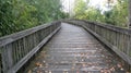 Wooden walkway sprinkled with fall leaves.