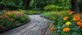 Wooden Walkway Surrounded by Flowers and Trees