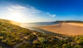 Wooden walkway to the beach Praia da Amoreira, District Aljezur, Algarve Portugal. Panorama from Amoreira beach in the Algarve