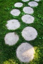 Wooden walkway of tree stumps on green grass in park Royalty Free Stock Photo