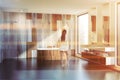 Wooden wall bathroom, tub and sink, woman Royalty Free Stock Photo