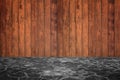 Wooden wall and concrete floor in perspective view, grunge background. for put product on the floor. Royalty Free Stock Photo