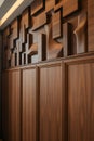 Wooden Wall with a Decorative 3D Paneling Design Featuring Various Geometric Shapes Royalty Free Stock Photo