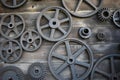 Wooden wall with gears or cogwheel