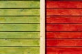Wooden wall painted in green and bright orange