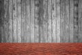 Wooden wall and red brick floor in perspective view, grunge back Royalty Free Stock Photo