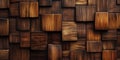 Wooden wall with small sqare tiles in different sizes creating abstract texture