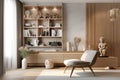 Wooden wall unit and armchair near it. Scandinavian style interior design of modern living room. Created with generative AI Royalty Free Stock Photo