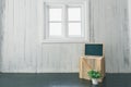 Wooden wall and window background with blackboard