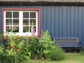 Wooden wall with window, bench and flowers in the garden Royalty Free Stock Photo