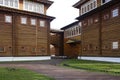 Wooden walls of Recreated wooden palace of Tsar Alexei I Mikhailovich in Kolomenskoe park in Moscow, Russia. Royalty Free Stock Photo