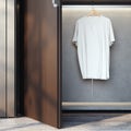 Wardrobe with blank white t-shirt on hanger. 3d rendering Royalty Free Stock Photo