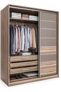 A wooden wardrobe with a brown finish and a white stripe Royalty Free Stock Photo