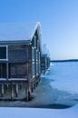 Wooden warehouses cold winter evening Hudiksvall