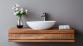 Wooden washstand with white ceramic vessel sink. Interior design of modern bathroom Royalty Free Stock Photo