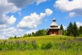 Wooden watchtower in museum under open sky in Khokhlovka