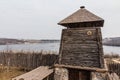 Wooden watchtower in the national reserve `Zaporizhzhia Sich` on the island of Khortytsia in Zaporizhzhia. Ukraine