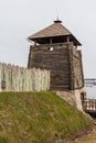 Wooden watchtower in the national reserve `Zaporizhzhia Sich` on the island of Khortytsia in Zaporizhzhia. Ukraine