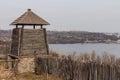 Wooden watchtower in the national reserve `Zaporizhzhia Sich` on the island of Khortytsia in Zaporizhzhia. Ukraine