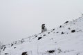 Wooden watchtower on snowy hill