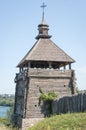 Wooden watchtower on the territory of historical-cultural complex \'Zaporizhzhya Sich\' on Khortytsia island Royalty Free Stock Photo