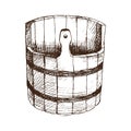 Wooden water barrel, basin for Russian bath for body hygiene. Set of accessories for bath, sauna. Hand drawing in sketch