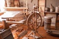 Wooden weaving machine. Decoration of an old house. Royalty Free Stock Photo