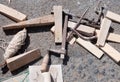 Various masonry and brickwork tools being used on a construction site