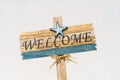 Wooden welcome signpost against white wall Royalty Free Stock Photo