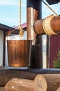 Wooden well. Bucket on a rope Royalty Free Stock Photo