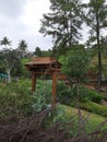 Wooden well in the green garden. Well in the green garden in the backyard of a building Royalty Free Stock Photo