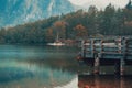 Wooden wharf pier at lake Bohinj in summer morning Royalty Free Stock Photo