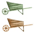 Wooden wheelbarrow watercolor rustic illustration. Farmhouse element, harvest art