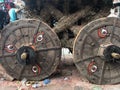 Wooden wheels on a cart for during a Nepali festival