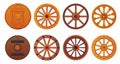 Wooden wheels. Cartoon wood wheel of ancient wagons or rustic wheelbarrows, vintage cartwheel with hub farm cart van Royalty Free Stock Photo
